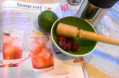 Use the PESTLE to muddle the lime slice and frozen cherries.