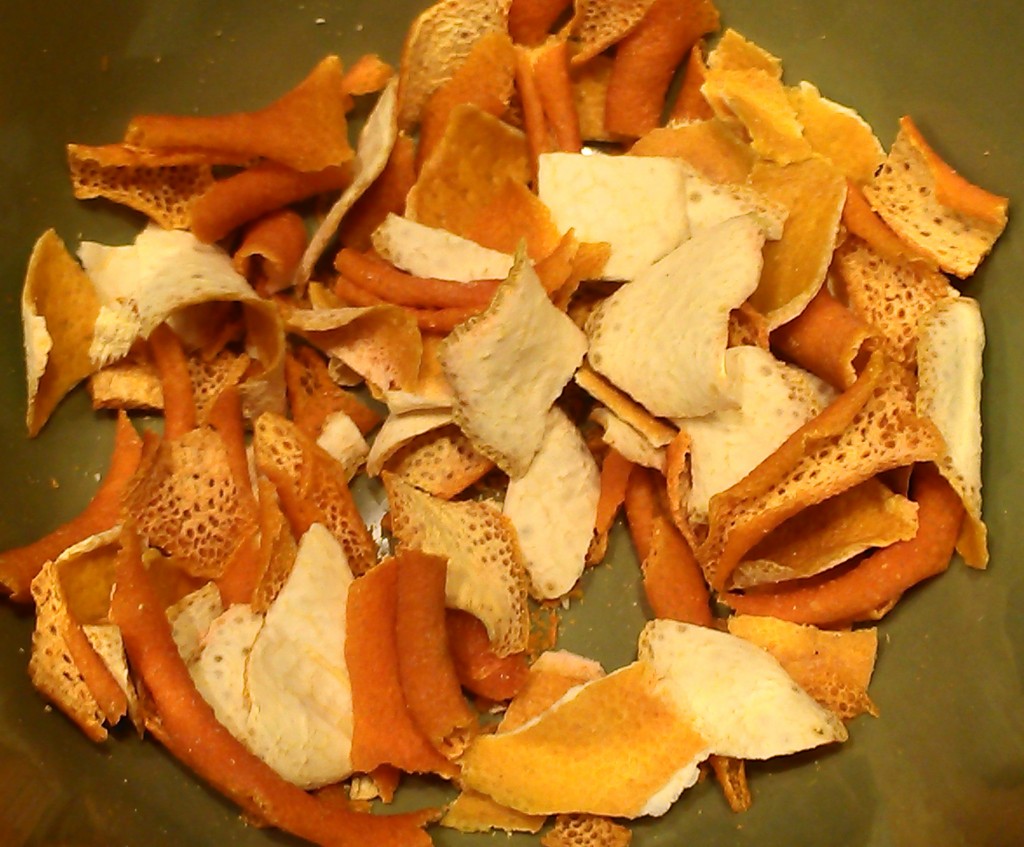 Dried orange, lemon, and ginger pieces.